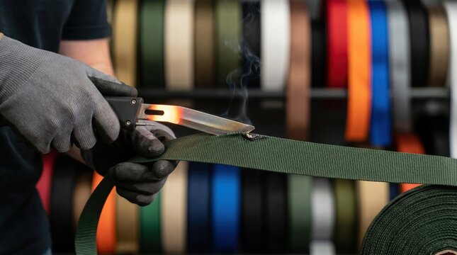 Worker wearing heat resistant gloves using a hot knife cutter to slice through green nylon webbing