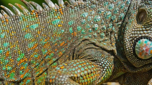 Macro photography of iguana skin texture featuring detailed granular scales and dorsal spines, displaying a vibrant pattern of teal, orange, and green colors in natural light.