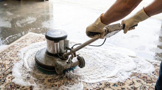 Worker wearing rubber gloves operating a heavy rotary floor buffer machine to wash a soapy rug