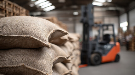 Obraz premium Industrial storage warehouse with burlap sacks of goods stacked and a forklift vehicle in the background, ready for transport operations