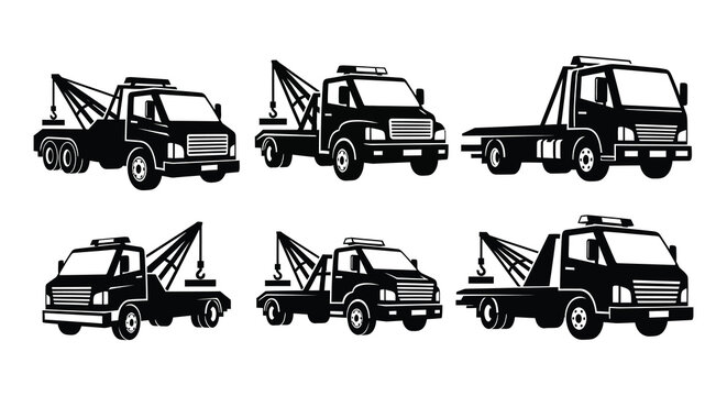 Variety of tow trucks depicted in a stark black silhouette