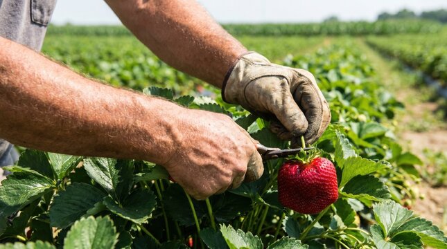 Farm worker wearing leather gloves using small clippers to harvest a large ripe red strawberry