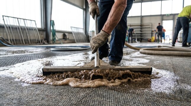 Worker pushing a wide floor squeegee to push dirty soapy water across a concrete garage floor