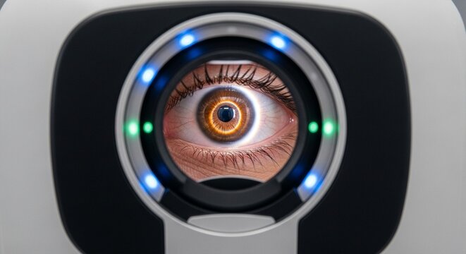 Modern eye scanner device examining a human eye with detailed iris, medical technology and ophthalmology concept