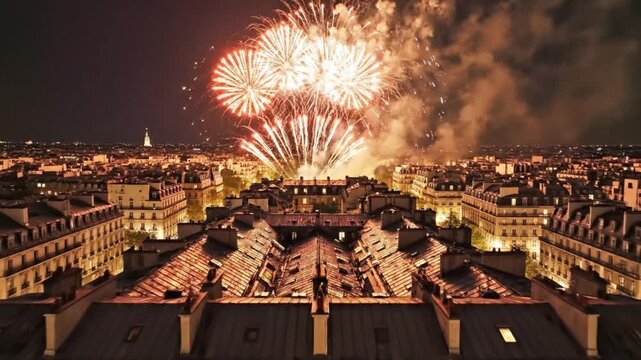 Fireworks display over Paris skyline at night with city lights