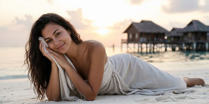 Slender brunette woman lying on beach, wrapped in a beige sarong, smiling with buildings on stilts in the background at beach sunset.