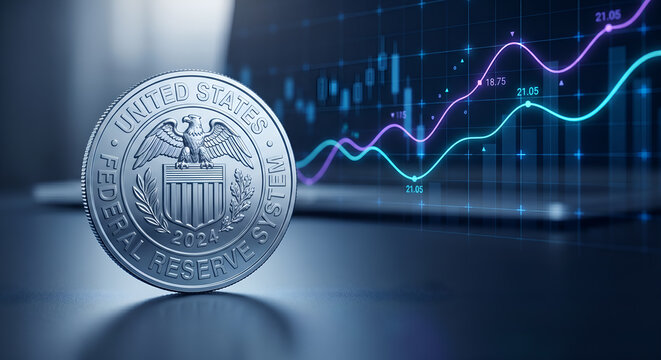 Federal Reserve System silver coin on financial background, US central bank currency symbol, stock market trading graph with data charts