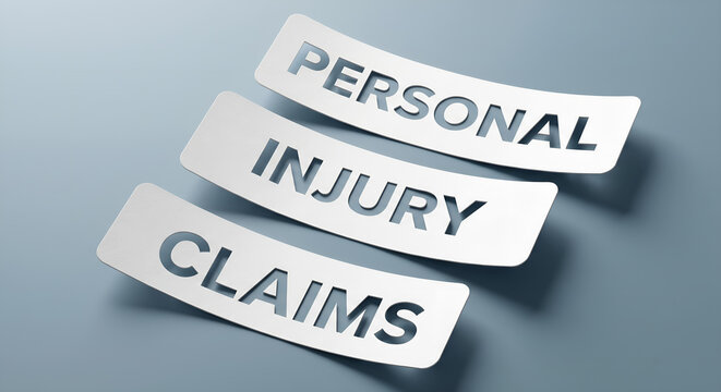 Personal injury claims text on white paper slips, legal compensation concept, insurance settlement and law firm services on blue background
