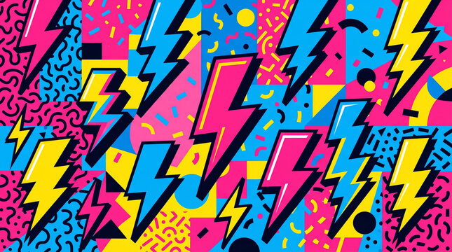 Memphis zappy lightning bolt motif in saturated pop palette