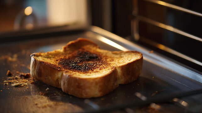 A perfectly ruined yet visually appealing close-up shot of a single slice of burnt toast, resting on a dark metallic oven tray with crumbs around it