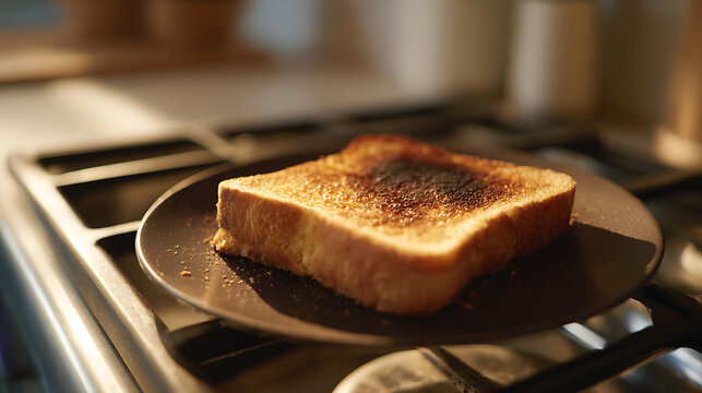 A single slice of burnt toast sits on a dark plate, illuminated by warm sunlight in a domestic kitchen setting, a close-up view