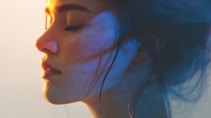 Naklejka premium Young woman with eyes closed enjoying calm moment as warm sunlight and cool shadow create serene contrast on her peaceful face and flowing hair