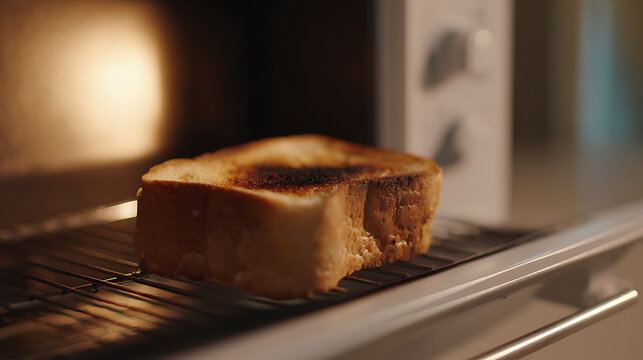 Close-up detail of a single slice of burnt toast baking inside a mini household toaster oven, ready for breakfast or a snack