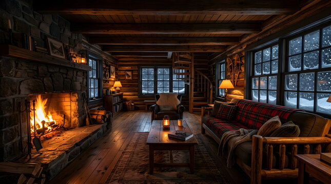 Cozy rustic log cabin interior with a roaring stone fireplace and snow falling outside the windows