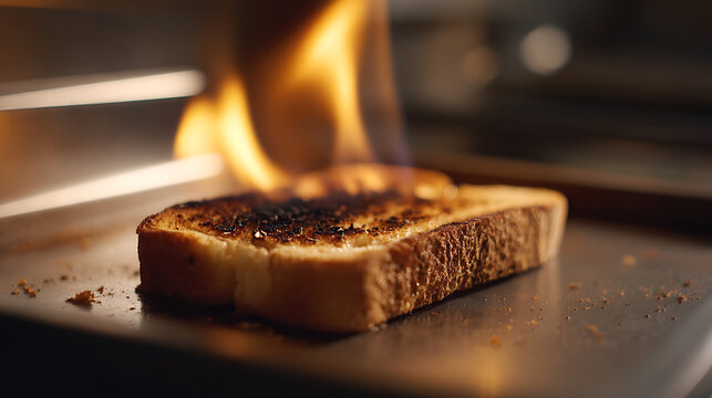 Close-up of a single slice of burnt toast with active flames, highlighting an accidental cooking mishap, set indoors in a warm, dramatic light