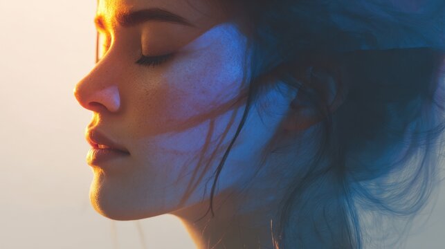 Young woman with eyes closed enjoying calm moment as warm sunlight and cool shadow create serene contrast on her peaceful face and flowing hair