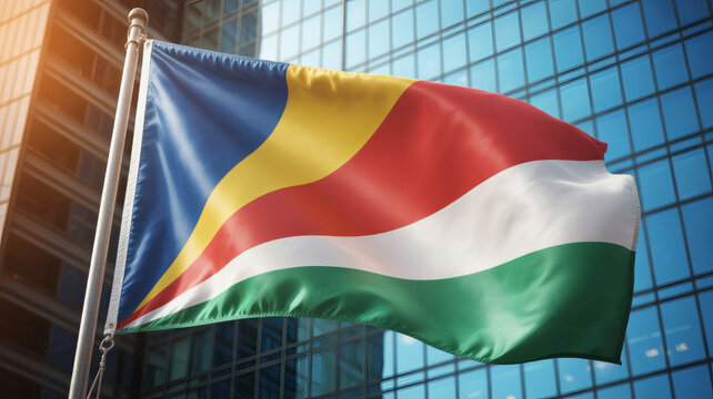Seychelles flag waving proudly against a modern building, symbolizing national pride and international relations on a sunny day