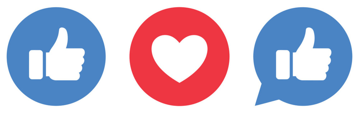 Like and love speech bubble icon button set representing social media reactions,