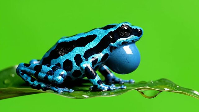 Vibrant Blue Poison Dart Frog on Green Leaf with Bright Green Background, Ideal for Nature and Wildlife Themes