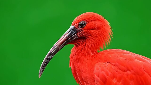 Vibrant Red Ibis Bird Close-Up Against Bright Green Background Showcasing Detailed Feathers and Long Curved Beak