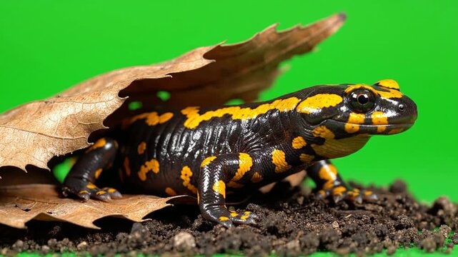 Vibrant Salamander Emerging from Leaf Shelter on Green Background in Wildlife Setting