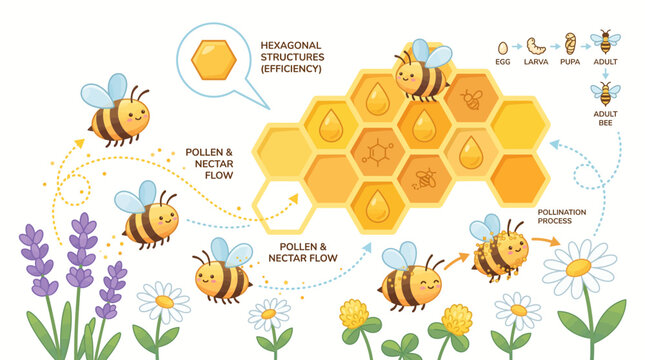 Infographic illustration of honeybees collecting pollen and nectar from flowers to make honey.
