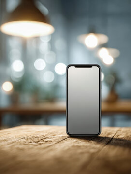 Modern smartphone with blank screen standing on rustic wooden table in cozy interior with warm hanging lights and blurred background ambiance
