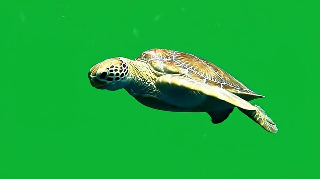 Wild Sea Turtle Swimming Gracefully Underwater Against Green Background in a Tranquil Aquatic Environment