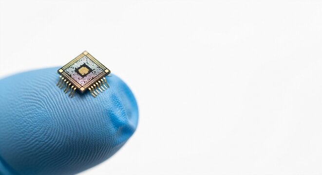 Close-up of a tiny microchip held on a fingertip with a blue nitrile glove against a white background