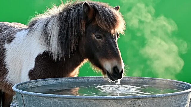 Young Horse Drinking Water from a Trough with Steam Rising in a Bright Green Background on a Sunny Day