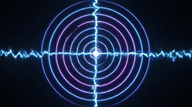 Neon blue and purple sound wave pattern, futuristic audio visualization, glowing concentric circles, equalizer display