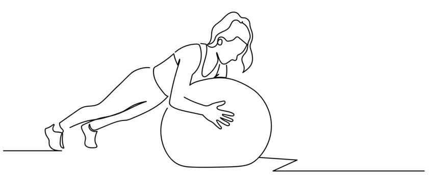 A woman is doing yoga with a ball in a prone position. in continuous line drawing on white background Editable stroke.