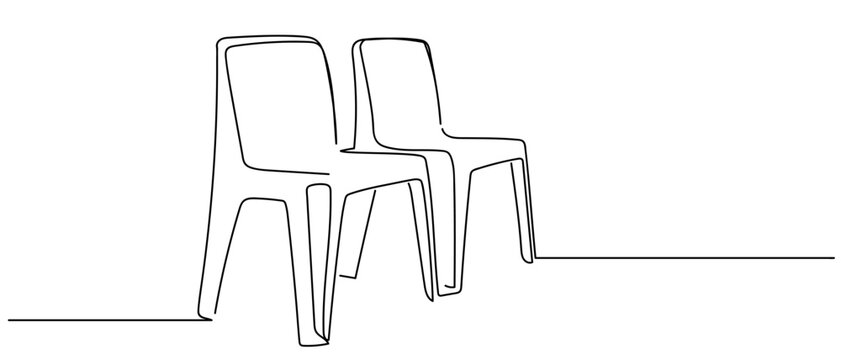 two plastic chairs in continuous line drawing on white background Editable stroke.