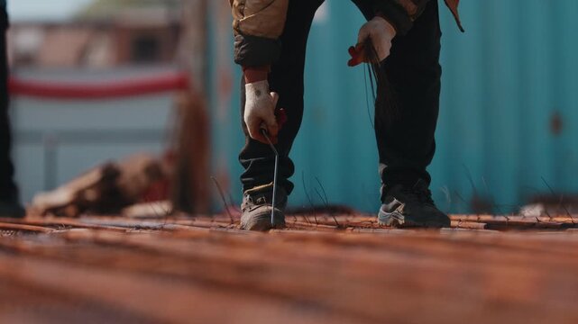 Worker tying steel rebar with wire bundle on construction site close up