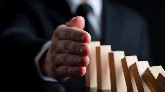 Professional hand halt falling wooden blocks, symbolizing risk aversion, crisis management, and strategic intervention in business challenges