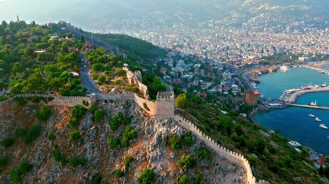 Drone view of Alanya Castle and city. Ancient stone walls run along the hilltop overlooking Alanya and the Mediterranean coast.