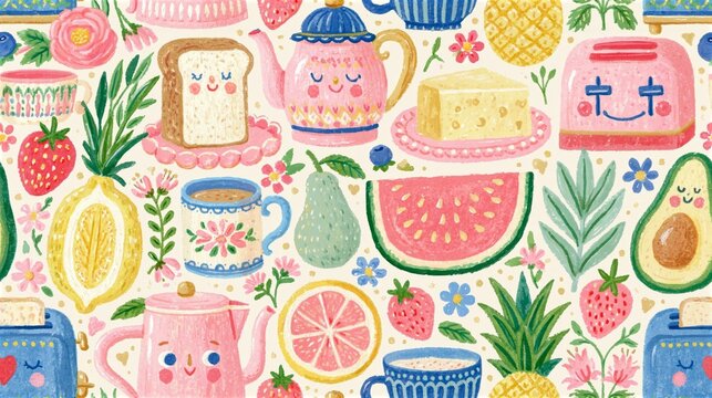 preppy watercolor food pattern seamless pastel kitchen lifestyle illustration design