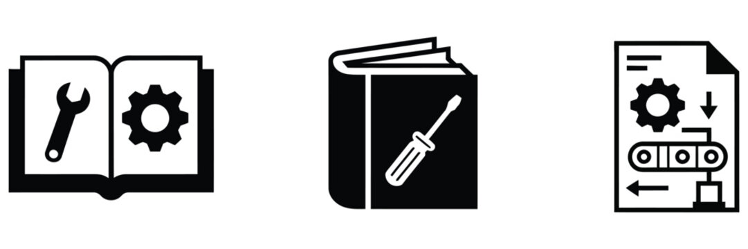 Technical manual and user guide icon set with document book, instruction pages, and help system symbols