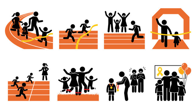 Illustration Set of Icons Depicting Family Fun Runs Races Sport Events and Child Achievements