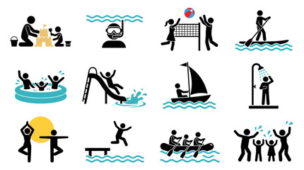 Obraz premium Fun Summer Water Sports and Beach Activities Icon Set for Holiday and Vacation Concept