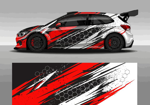 Racing car livery design with abstract geometric red black patterns
