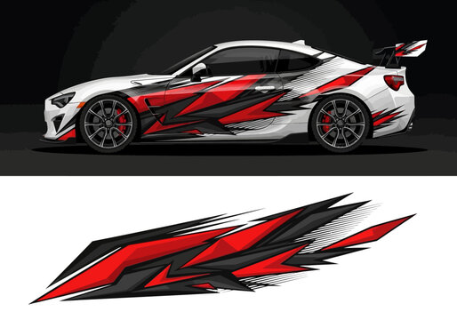 Modern sports car livery wrap design with red geometric patterns