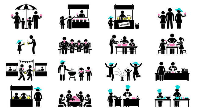 A collection of stick figures depicting various family activities food preparation and summer fun