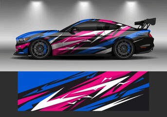 Obraz premium Sports car racing wrap decal with geometric blue pink design