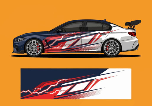 Modern sports sedan racing car wrap design with decals