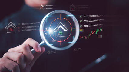 Real estate investors evaluate mortgage opportunities and property return potential using digital financial analytics, housing market research, strategic targeting, and investment risk assessment. © Images for you