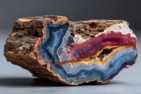 Vibrant Cross-Section of Petrified Wood with Layered Mineral Strata