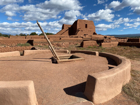 Pecos National Historic Park in New Mexico. Pecos Pueblo Mission with a kiva entrance. Church Mission Nuestra Se&ntilde;ora de los &Aacute;ngeles de Porci&uacute;ncula de los Pecos, a Spanish mission near the pueblo.