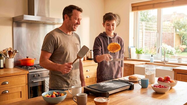 Father and son prepare pancakes together in a bright kitchen showcasing family fun and breakfast