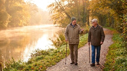 Fototapeta premium Two senior men walk along a misty canal path enjoying conversation on a golden autumn morning